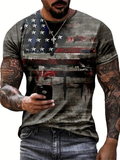Flag Print Summer T-shirt Vintage 3D digital print round neck short sleeve men's wear