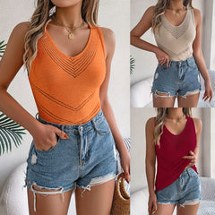 Women's spring summer casual V-neck open work knitted sweater