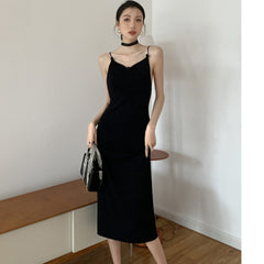 Elegant black stretch knit dress x with butterfly flower embroidery on the back