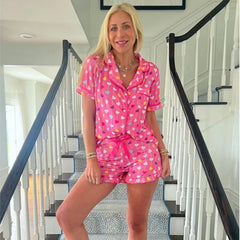Ladies' red Christmas candy cane printed short sleeves, shorts, pajamas, summer home wear