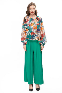 Cross-border women's temperament French printed fashionable top waist wide leg trouser