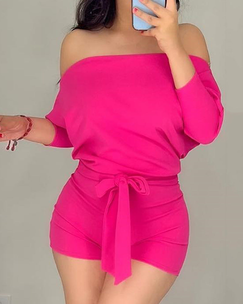 Rose solid color casual romper shorts