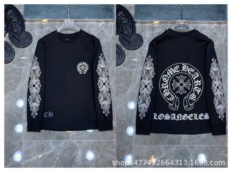 Tide CH correct edition Krosanskrit letters Blue Cross Arm Horseshoe Embroidery Long sleeve T