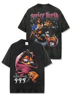 American vintage printed short sleeve T-shirt loose casual heavy round neck hoodie men