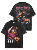 American vintage printed short sleeve T-shirt loose casual heavy round neck hoodie men