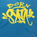 A blue short-sleeved T-shirt with American hip-hop print from a trendy brand