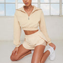 Women's fashion hoodie in solid color, long-sleeved, casual, two pairs of shorts