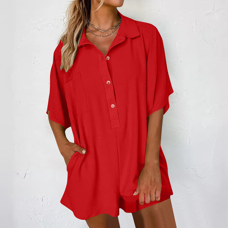 Casual Women's Fashion Jumpsuit with button pocket three-quarter shorts