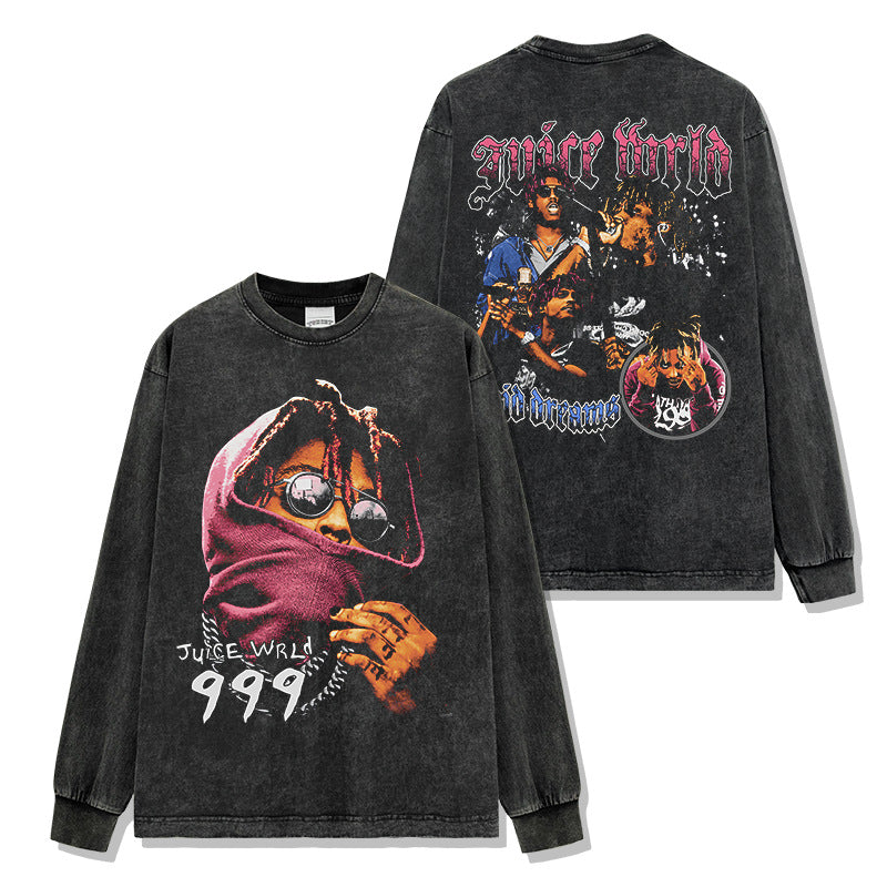 American vintage printed short sleeve T-shirt loose casual heavy round neck hoodie men
