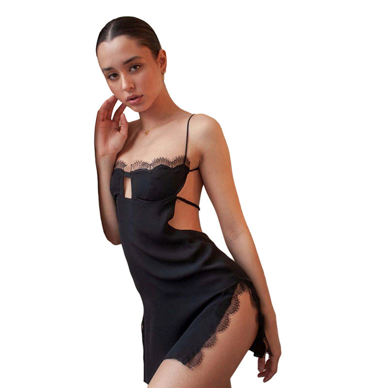 Women's sling a line shoulder fashion sexy backless slit dress