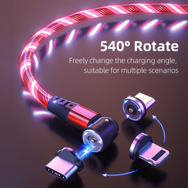 540 Rotate Luminous Magnetic 3A Fast Charging Mobile Phone Cable For LED Micro USB Type C