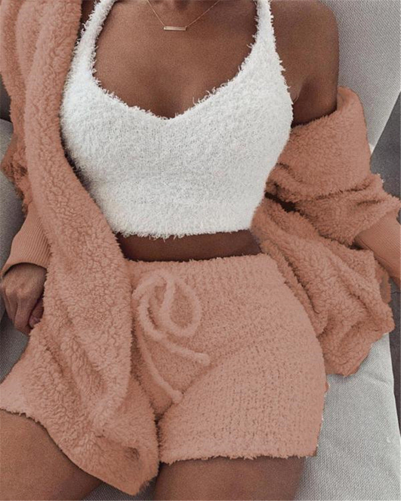 3pcs Women's Long Sleeve Crop Tank Top And Drawstring Shorts Pajama Set