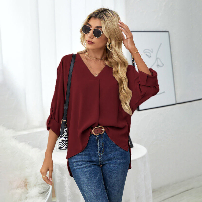 Women's chiffon shirt fashion casual top V-neck long sleeve