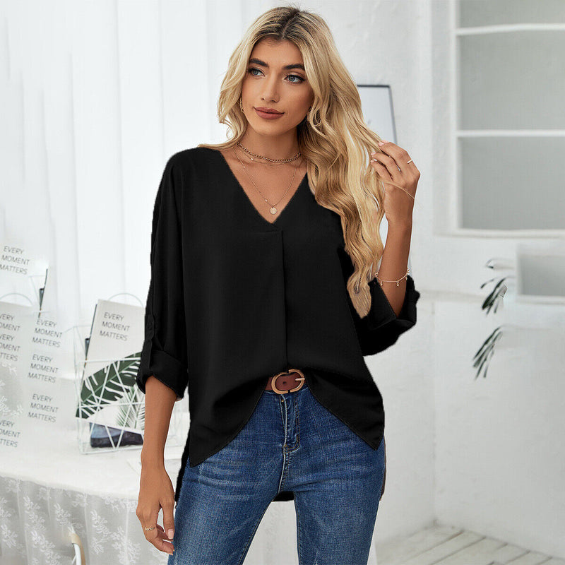 Women's chiffon shirt fashion casual top V-neck long sleeve