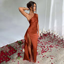 Sexy One-shoulder Backless Slit Summer Elegant Slim-fit Solid Color Satin Dress