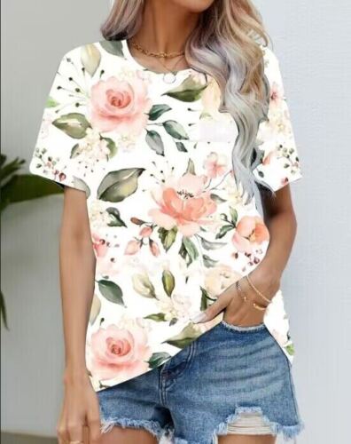 Blouse Women's Black Flower T Shirt Fashion Soft Short Sleeve T-Shirt