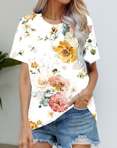 Blouse Women's Black Flower T Shirt Fashion Soft Short Sleeve T-Shirt