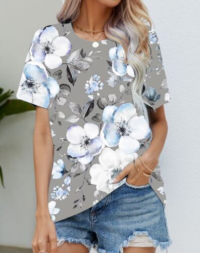 Blouse Women's Black Flower T Shirt Fashion Soft Short Sleeve T-Shirt