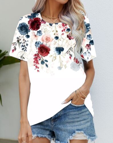 Blouse Women's Black Flower T Shirt Fashion Soft Short Sleeve T-Shirt