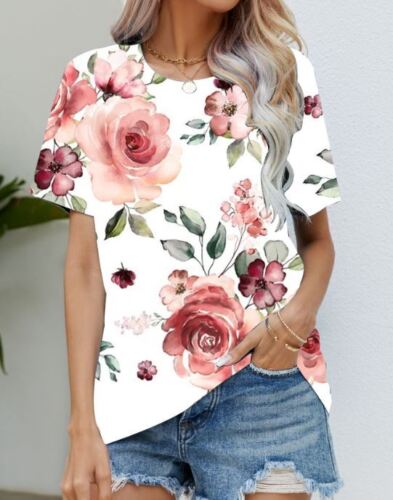 Blouse Women's Black Flower T Shirt Fashion Soft Short Sleeve T-Shirt