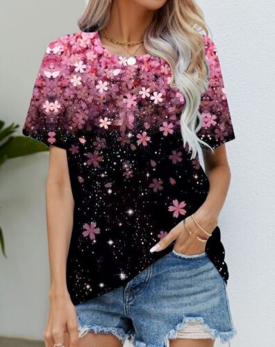 Blouse Women's Black Flower T Shirt Fashion Soft Short Sleeve T-Shirt