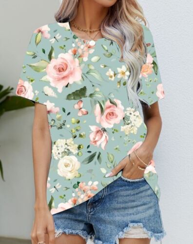 Blouse Women's Black Flower T Shirt Fashion Soft Short Sleeve T-Shirt