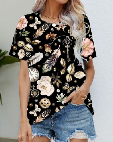 Blouse Women's Black Flower T Shirt Fashion Soft Short Sleeve T-Shirt