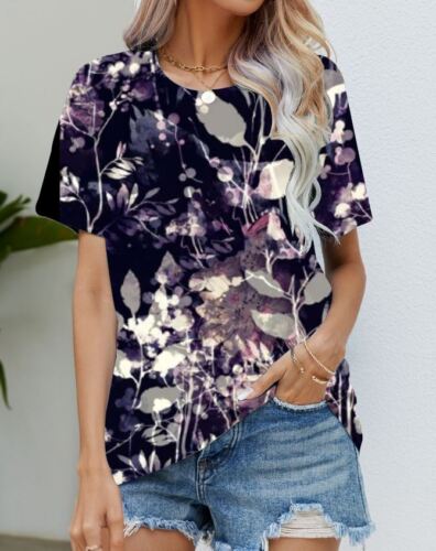 Blouse Women's Black Flower T Shirt Fashion Soft Short Sleeve T-Shirt