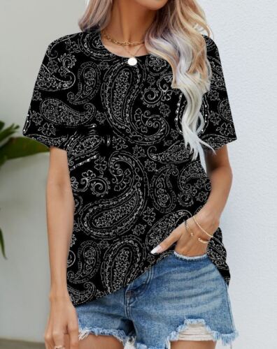 Blouse Women's Black Flower T Shirt Fashion Soft Short Sleeve T-Shirt