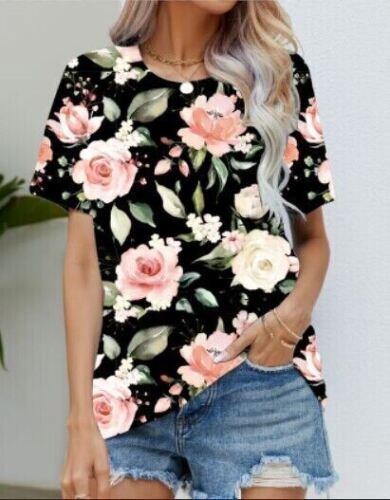 Blouse Women's Black Flower T Shirt Fashion Soft Short Sleeve T-Shirt