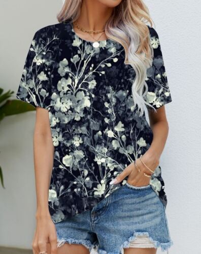 Blouse Women's Black Flower T Shirt Fashion Soft Short Sleeve T-Shirt