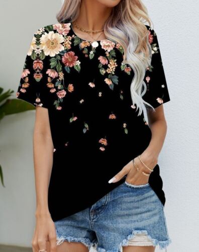 Blouse Women's Black Flower T Shirt Fashion Soft Short Sleeve T-Shirt