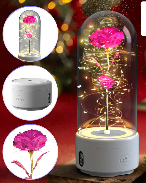 2 In 1 Rose Flowers LED Light Bluetooth-compatible Speaker Luminous Night Ornament Glass Cover Light