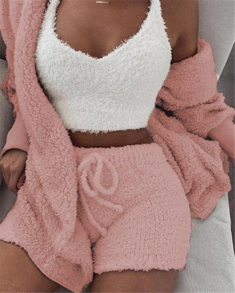 3pcs Women's Long Sleeve Crop Tank Top And Drawstring Shorts Pajama Set