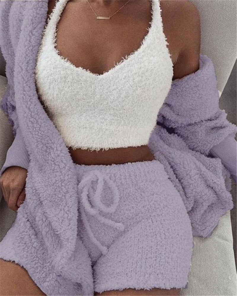 3pcs Women's Long Sleeve Crop Tank Top And Drawstring Shorts Pajama Set