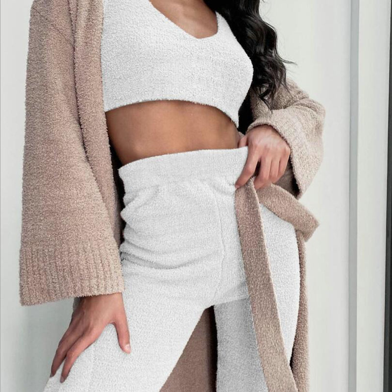 3pcs Women's Long Sleeve Crop Tank Top And Drawstring Shorts Pajama Set
