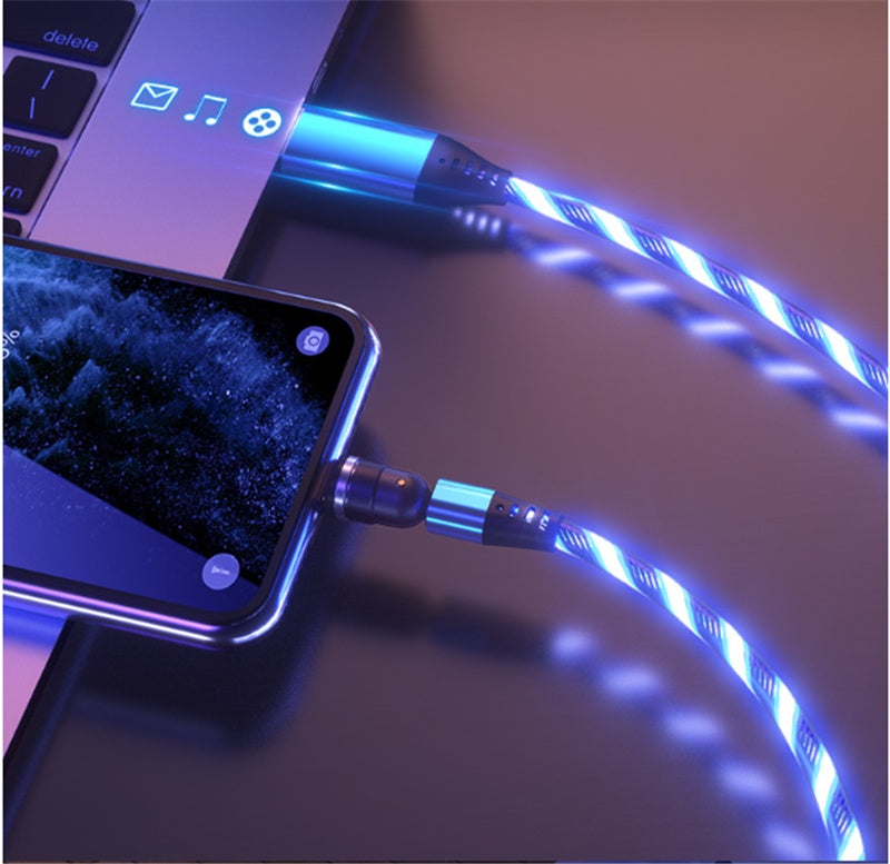 540 Rotate Luminous Magnetic 3A Fast Charging Mobile Phone Cable For LED Micro USB Type C