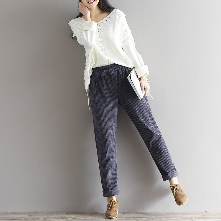 Large Size Women's Art Fan Xian Thin Corduroy Pants