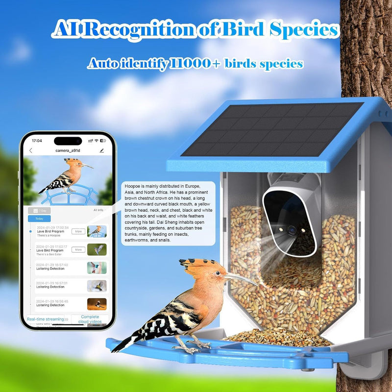 Smart Bird Feeder With Camera, Solar-Powered, Motion Detection WiFi 4MP Live Camera, AI Identify Bird Species