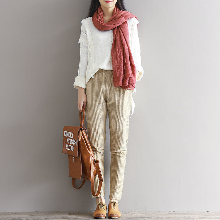 Large Size Women's Art Fan Xian Thin Corduroy Pants