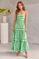 Summer Striped Printed Suspender Long Dress With Pockets Square Neck Backless Dress