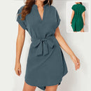 V-neck Short Sleeve Dress With Belt Summer Fashion Bowknot Dresses For Women