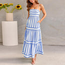 Summer Striped Printed Suspender Long Dress With Pockets Square Neck Backless Dress