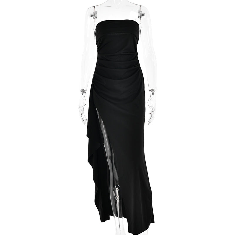Strapless Split Long Dress Summer Fashion Pleated Bridesmaid Dress