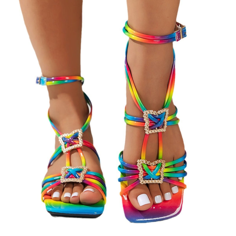 European And American Style Square Toe Flat Bottom Catwalk Fashion Sandals