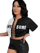 Women's cross-border fashion letter cardigan round neck color chai T-shirt