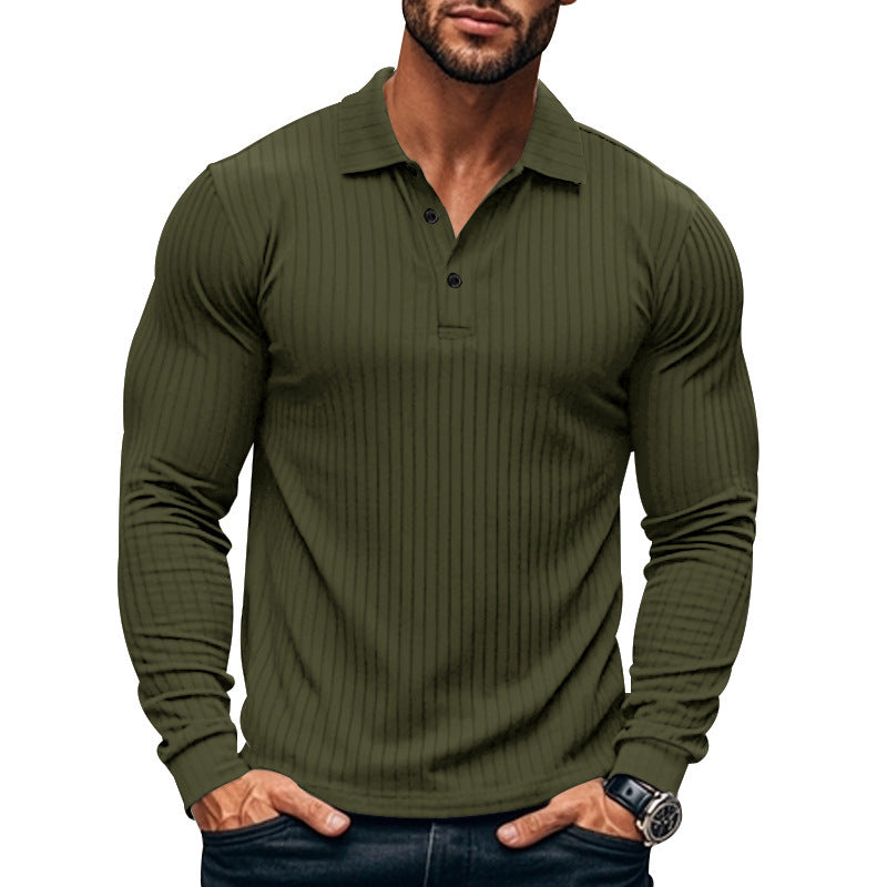 Men's classic casual American lapel button long sleeve T-shirt stretch polo shirt