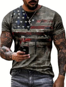 Flag Print Summer T-shirt Vintage 3D digital print round neck short sleeve men's wear
