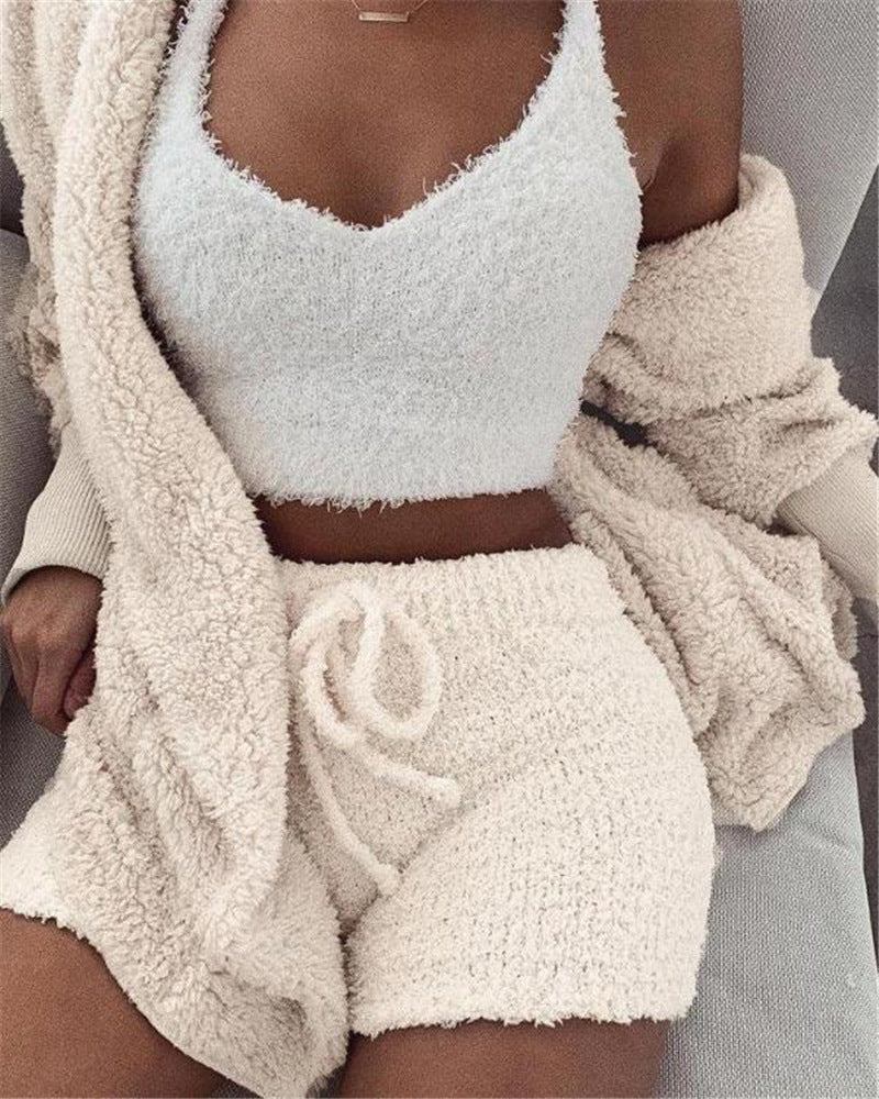3pcs Women's Long Sleeve Crop Tank Top And Drawstring Shorts Pajama Set