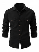 Men's European size wash elastic cotton casual fashion long sleeve shirt